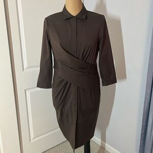 Lafayette 148 Brown Tie Waist Collared Midi Dress